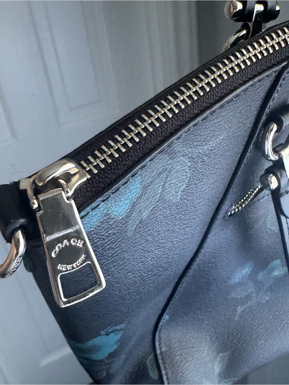 Coach Black Floral Zip-Top Tote with Teal Blue Accents - Picture 6 of 8